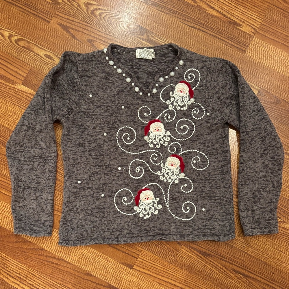 Vtg Mandal Bay Gray V-Neck Christmas Sweater with Embroidered Swirls & Santas